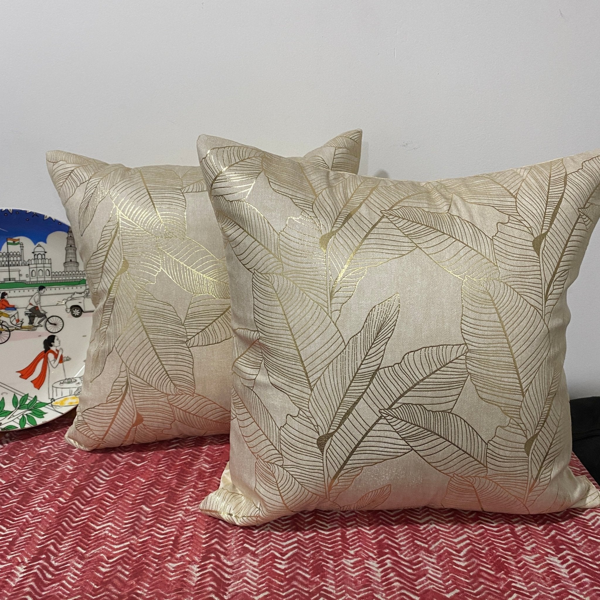 Golden Leaves Sand Cushion Cover, Pack of 2, 16" x 16" - Coral Slub -